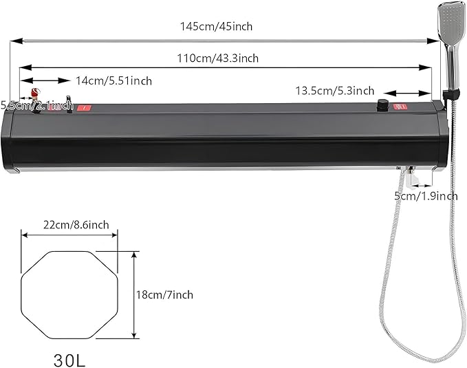 Roof Rack Mount Road Shower 18L/20L/30L Portable Camping Solar Shower Pressurized Water Tank w/Shower Head and 5.58ft Hose Outdoor Activities Water Supply for SUVs Sedans RVs Trucks(20L/5.28Gal)