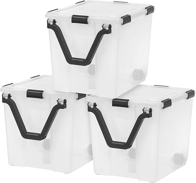 IRIS USA 106 Quart WEATHERPRO Wheeled Plastic Storage Bin Tote Organizing Container with Durable Lid and Seal and Secure Latching Buckles Clear/Black 3 Pack