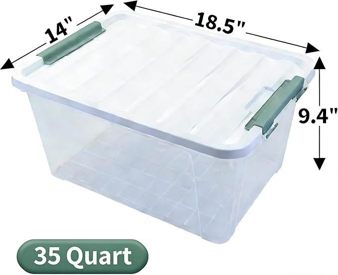 4-Pack Latching Lid Box Large Clear Plastic Storage Bins 35 Quart Green Latch Stackable Container Boxes for Home Bathroom Kitchen and Office Organization