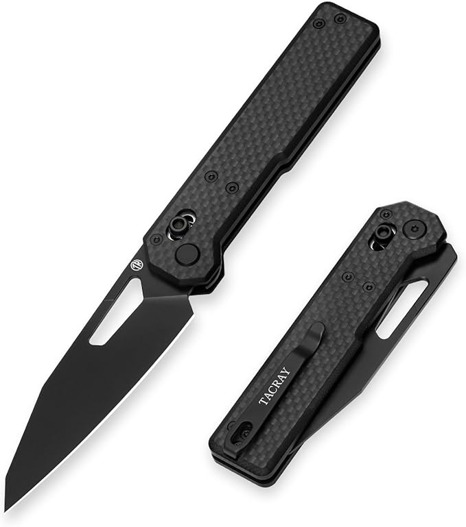 TACRAY Tarcus Folding Pocket Knife 3.5 D2 Steel DLC Blade Carbon Fiber Overlay Handle Lightweight EDC Knife with Crossbar Lock for Men and Women Ideal for Camping Hiking and Survival