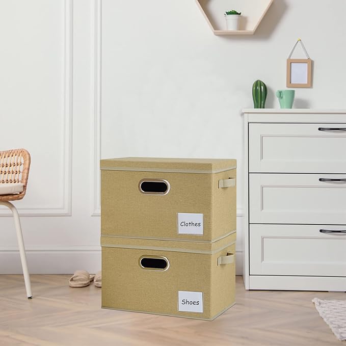 LHZK Large Storage Bins with Lids 6 Pack Foldable Linen Fabric Storage Boxes with Lids Sturdy Fabric Storage Bins with Label &amp 3 Handles for Shelves Bedroom Home Office (Beige Large)