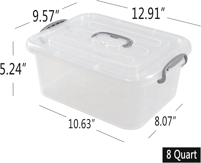 Hespama 2 Packs Small Plastic Storage Bin 8 Quart Clear Latching Boxes with Lid