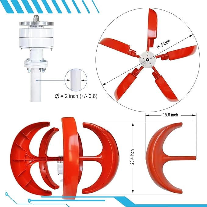 16000W Wind Turbines Generator5 Blades 12V/24V/48V Vertical Axis Wind Turbines Generator Kit3 Phase AC Permanent Magnet Generator Kit for Home Hybrids Streetlight Use(Red48V)