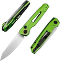 HUAAO Manually Operated Button-Lock Knife Men's Folding Pocket Knife Stonewashed Reverse Edge Aluminum Handle With A Reversible Deep Pocket Clip EDC Outdoor Camping Tool (Green)