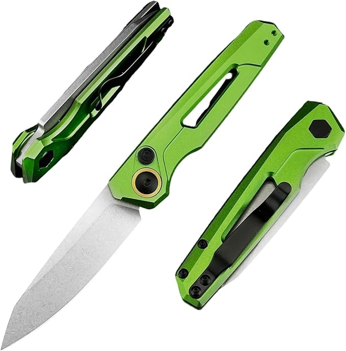 HUAAO Manually Operated Button-Lock Knife Men's Folding Pocket Knife Stonewashed Reverse Edge Aluminum Handle With A Reversible Deep Pocket Clip EDC Outdoor Camping Tool (Green)