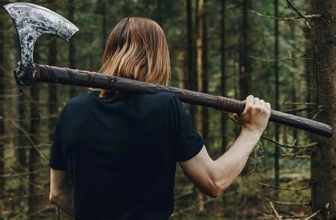 Two Handed 38 Inch Long Custom Hand Forged Carbon Steel Medieval Axe Forged Axe Leather Engraving On Handle Hatchet with Leather Sheath Best for Hunting Camping Wood Cutting Gift for Him