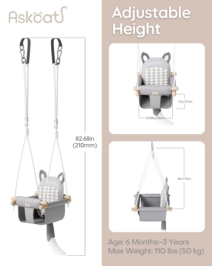 Wooden Hanging Baby Swing with Soft Safety Belt Cozy Infant Swing Seat for Indoor &amp Outdoor Use Adjustable Height Includes Mounting Hardware – Suitable for Babies &amp Toddlers（Fox-Themed in G