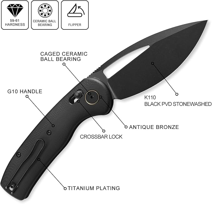 Petrified fish PFP13 Viper Folding Knife3.5 K110 Steel Black Stonewashed Blade G10 Handle Pocket Knife for Camping EDC Outdoor (Black Black Stonewashed)