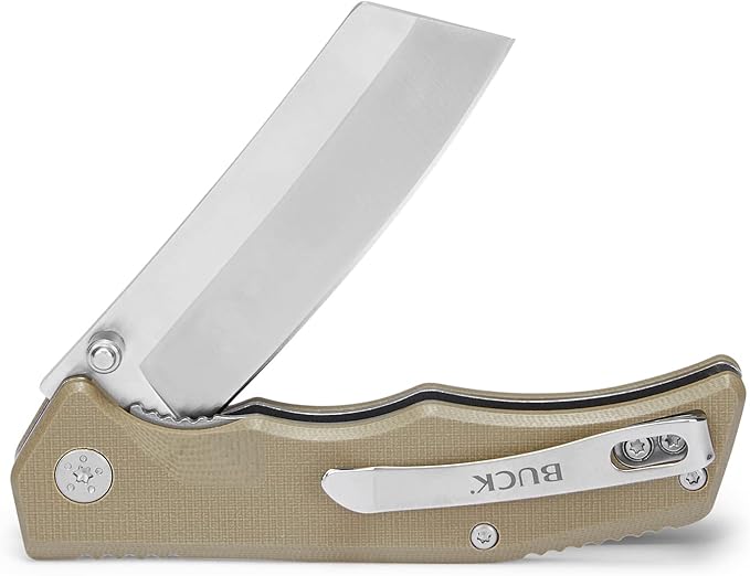 Buck Knives 252 Trunk Folding EDC Knife 3-3/4” Pocket Knife Cleaver Blade G10 Handle 7Cr17MoV Steel Cleaver Folding Blade Tan 3.1 oz