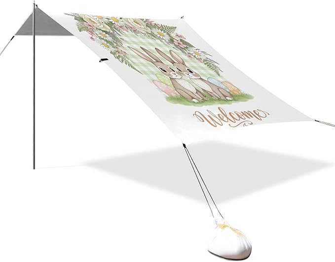 Easter Bunny Beach Canopy Sun Shelter with Sandbags &amp Sand Shovel &amp Windproof Ropes - Portable 110x126 Beach Shade Beach Tent for Camping Picnics