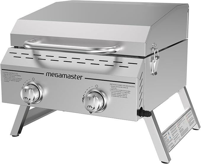 Megamaster 2-Burner Stainless Steel Portable Gas Grill with Built-In Lid 16000 BTUs Foldable Legs Small Propane Grill for Outdoor Cooking Camping Tailgating Patios and More - 820-0033M
