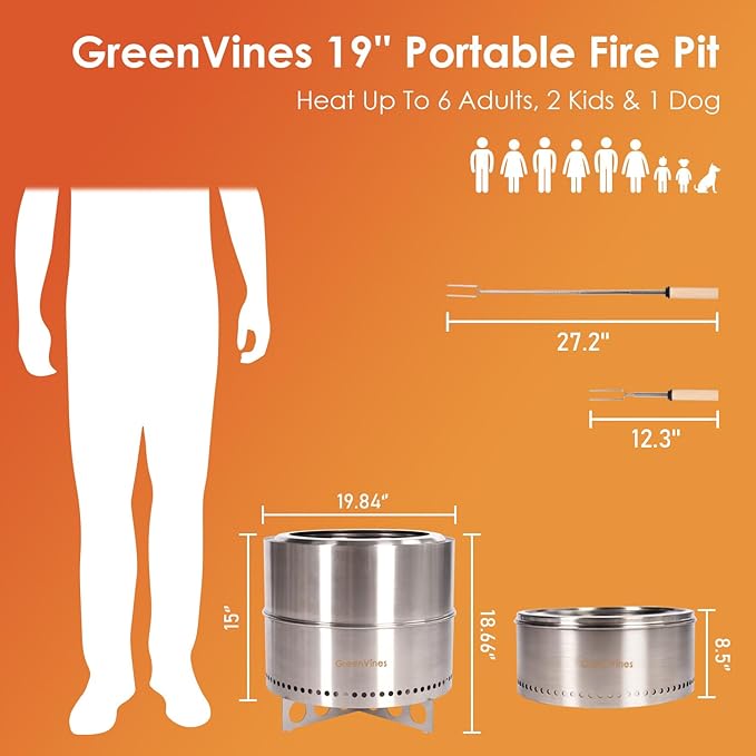 GreenVines Smokeless-Fire-Pit | 19-Inch | 304 Stainless-Steel-Firepit | Portable Outdoor Pits with Stand for Camping | Bag &amp Sticks &amp Holders | Solo Wood Burning Bonfire | Low Smoke Stove