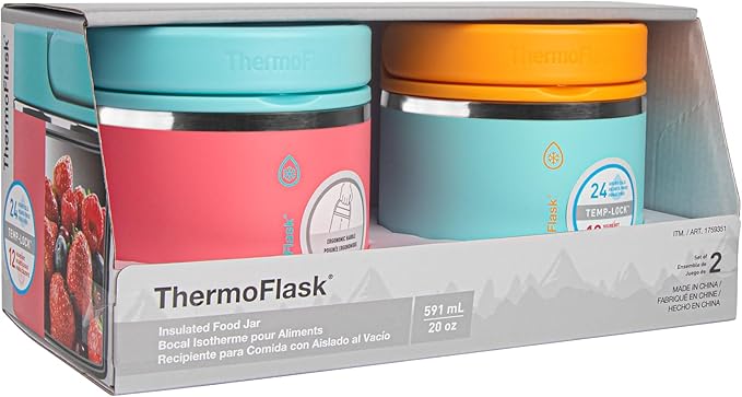 ThermoFlask 20 oz Double Wall Insulated Food Jar 2-Pack Sugar Coral + Maui Blue/Maui Blue + Sunrise