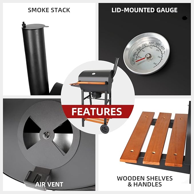 Charcoal Grill with Temperature Gauge - Large Outdoor Barrel Barbecue Grill with SideTable 406 sq in Cooking Space for 6-10 People ldeal for Camping and Backyard BBQ