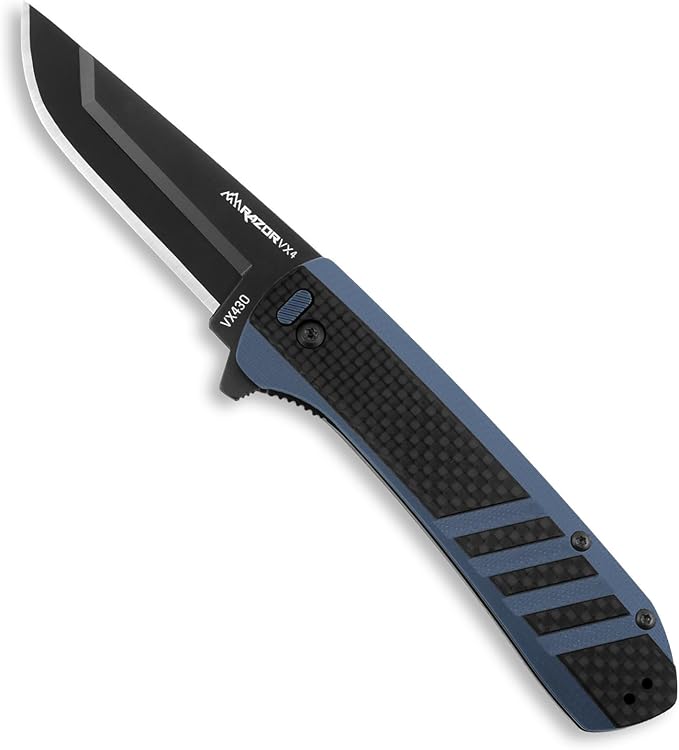 OUTDOOR EDGE Razor VX4 | Carbon Fiber Over Blue G10 with Black Drop Point | Replaceable Blade EDC Folding Pocket Knife | 3 Blade Ceramic Ball Bearings Reversible Pocket Clip