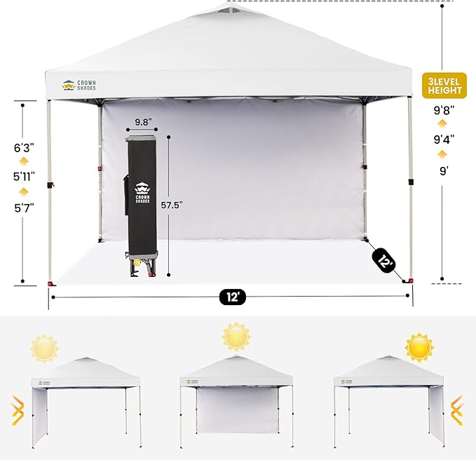 CROWN SHADES 12x12 Pop Up Canopy Tent Instant Commercial with 150D Silver Coated Fabric Including 1 Removable Sidewall 4 Ropes 8 Stakes Weight Bags STO 'N Go Bag White