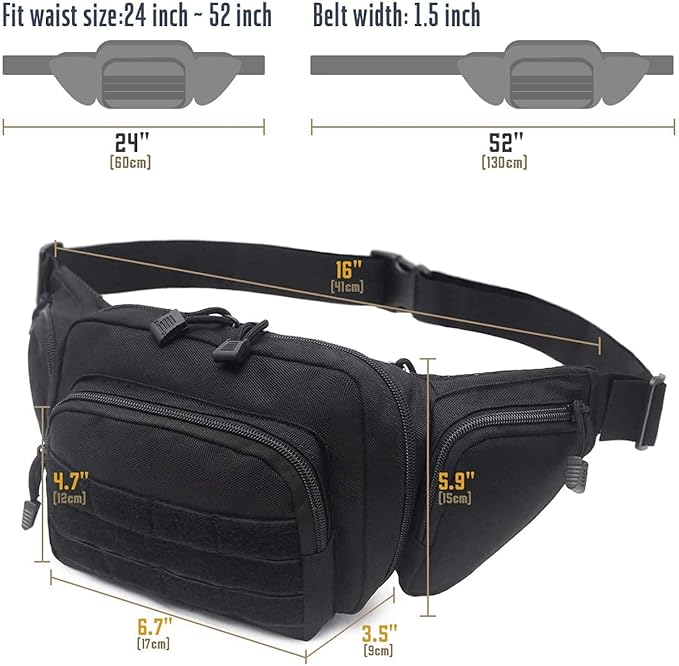 Concealed Pistol Bag Multipurpose Nylon Tactical Handgun Case Fanny Pack Waist Bag Bumbag Chest Pack with Molle Webbing Loop (Black)