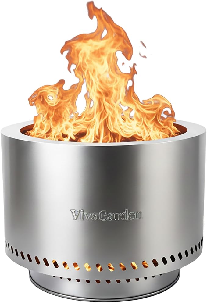 19.5 Inch Smokeless Fire Pit VivaGarden Outdoor Wood Burning Fire Pit with Carry Bag Stainless Steel Firepit for Camping Backyard Patio Bonfire &amp Garden Gatherings (Silver)