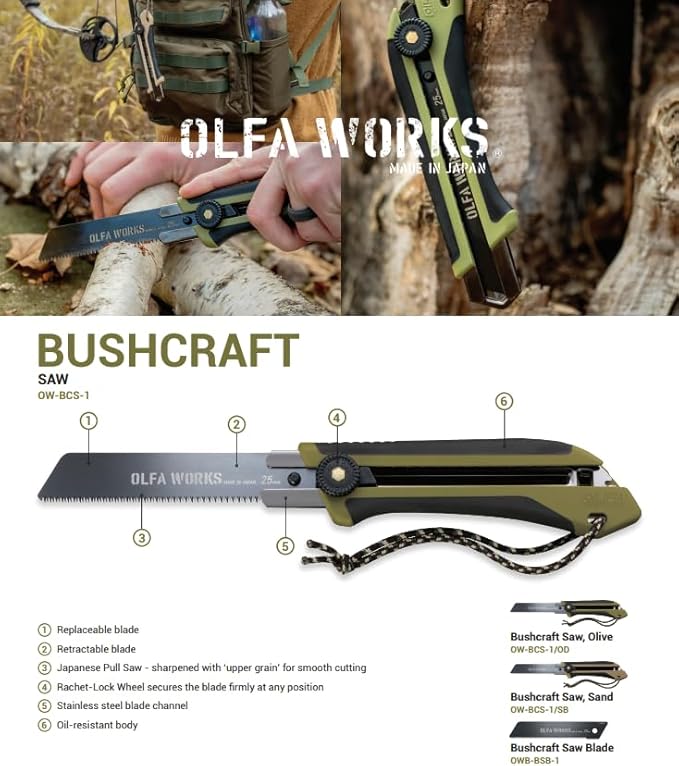 OLFA Works OW-BCS-1/OD Bushcraft Japanese Pull Saw Serrated Replacable and Retractable Carbon Tool Steel Blade - Great for Trimming Branches Woodwork and other Bushcraft or Outdoor Activities - Rach