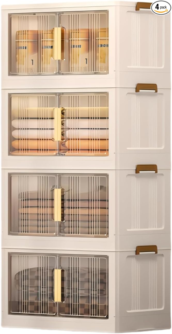 Storage Bins with Lids 4 Tier 340 QT Stackable Plastic Storage Bins Foldable Storages Boxes with Magnetic Doors and Wheels for Clothes Snacks Books Folding Containers for Home Office
