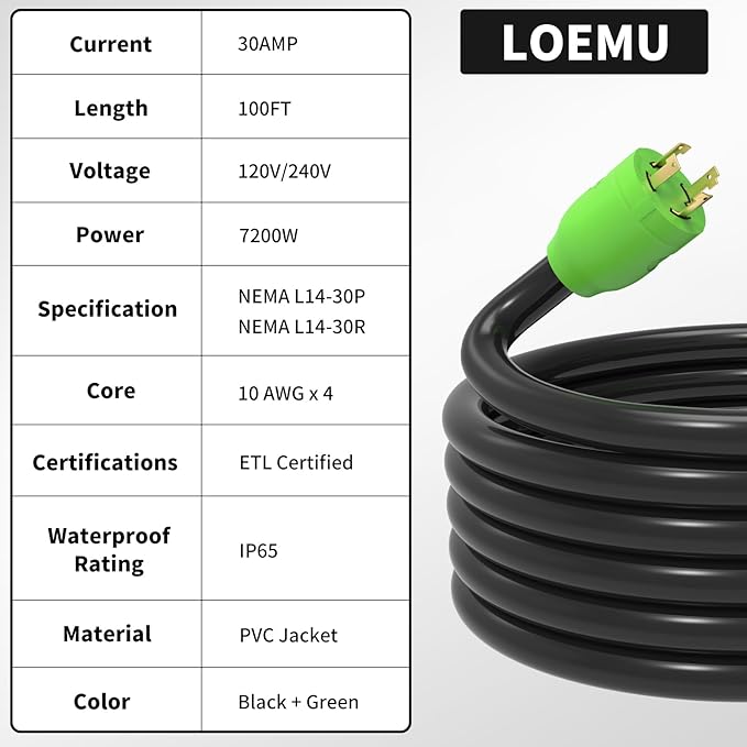 100FT 30 Amp Generator Extension Cord NEMA L14-30P/L14-30R 10 Gauge Twist Lock Cord 4 Prong STW Heavy-Duty Waterproof Generator Cord Black