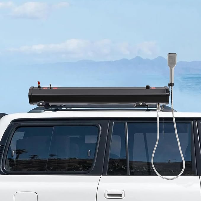 Pressurized Water Tank Multi-Dispensing Outdoor Roof Rack Water Tank Portable Road Camping Shower Water Storage with Water Hose Roof Rack Mounted Off-Road Shower