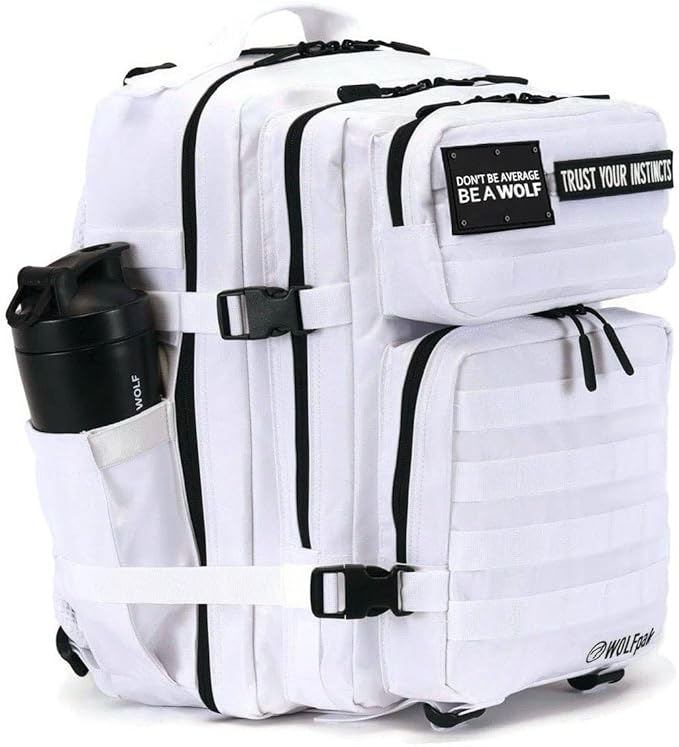 WOLFpak 35L Tactical Gym Backpack (Polar White) Durable 1000D Waterproof Oxford Material with MOLLE Webbing Laptop Pocket &amp Dual Cup Holders Durable Fitness/Travel/Military Daypack
