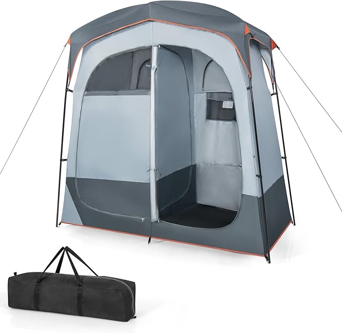 Tangkula Double Room Shower Tent Oversize Space Privacy Tent with Floor Removable Rain Fly Inside Pocket Clothesline Top Hook Portable Outdoor Changing Tent for Dressing Camping Toilet
