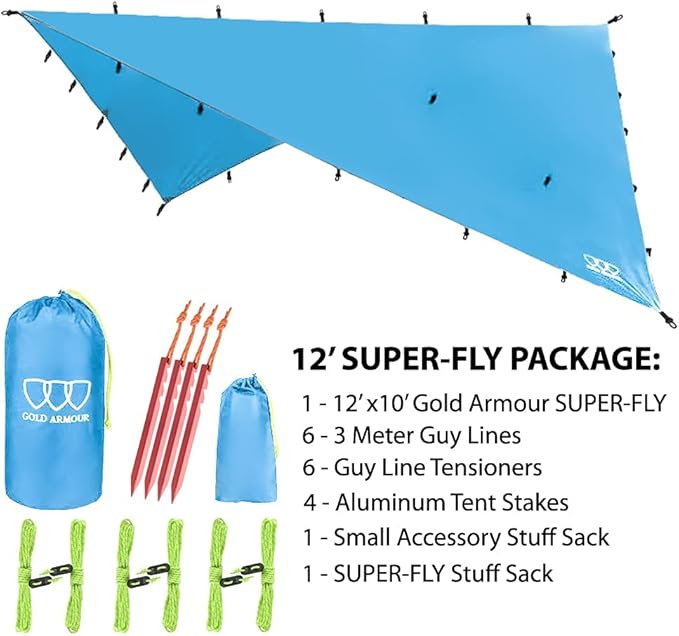 Gold Armour Rainfly Tarp Hammock Premium 14.7ft/12ft/10ft/8ft Rain Fly Cover Waterproof Ultralight Camping Shelter Canopy Survival Equipment Gear Tent Accessories (Light Blue 12ft x 10ft)