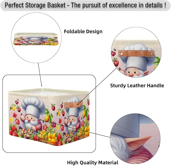 Pardick Cute Gnome Friut Basket Storage Bins Large Fabric Toys Storage Cube Box with Handles Collapsible Closet Shelf Cloth Organizer Basket for Nursery Bedroom Bathroom Holiday Gift