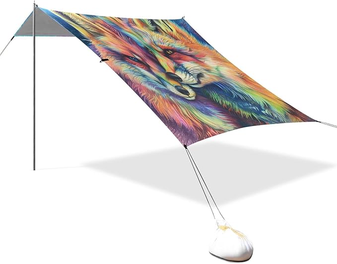 ALAZA Rainbow Foxes Beach Tent Sun Shelter UPF50+ Protection Beach Shade Canopy w/ 4 Sandbags for Outdoor Camping Fishing Backyard Fun Picnic 10x9 ft