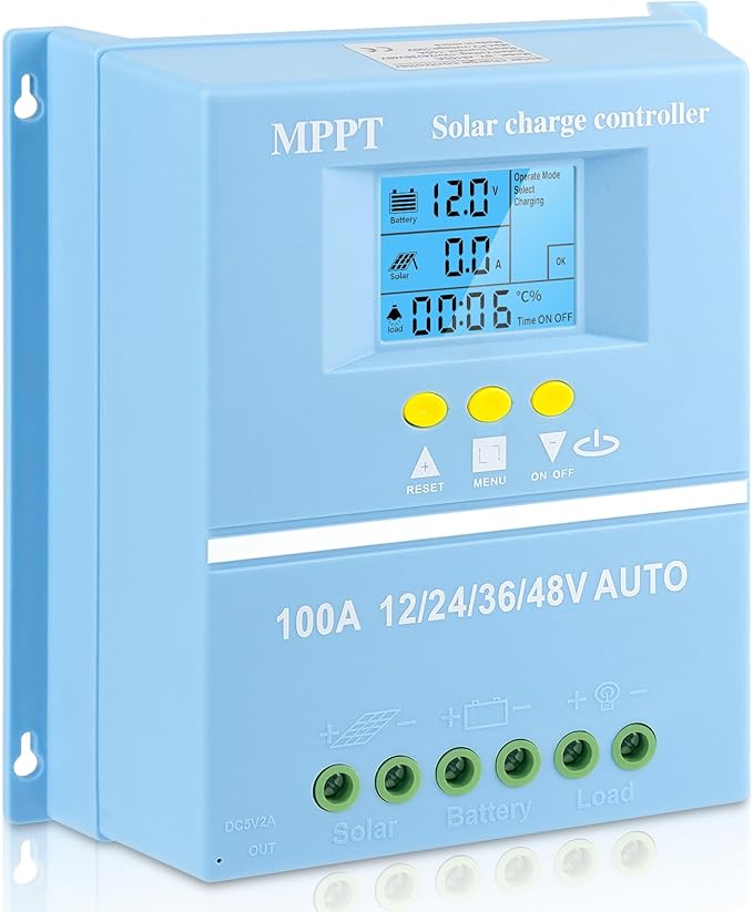 100A MPPT Solar Charge Controller Solar Panel Intelligent Regulator 12V 24V 36V 48V Dual USB Ports Max 100V Input for Lead-Acid/Lithium Blue