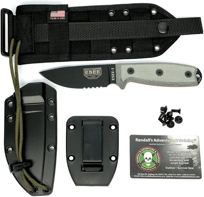 ESEE -3 Serrated Edge Black Blades with Micarta Handles and Molle Back Sheath