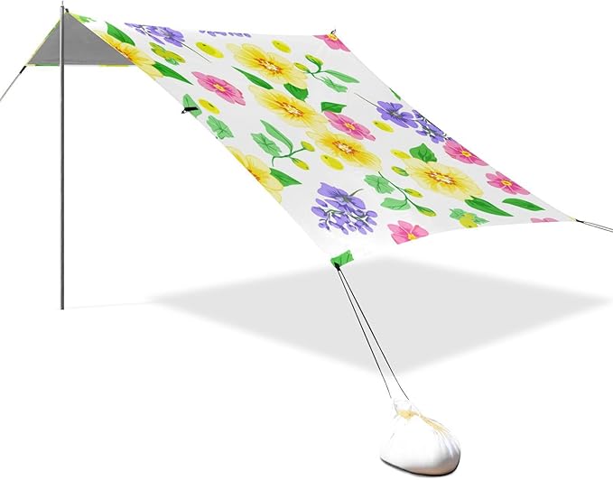 Beach Canopy with Windproof Ropes &amp Sandbags Beach Tent Sun Shade Sun Shelter for Camping Trips Fishing Backyard Fun or Picnics Flowers