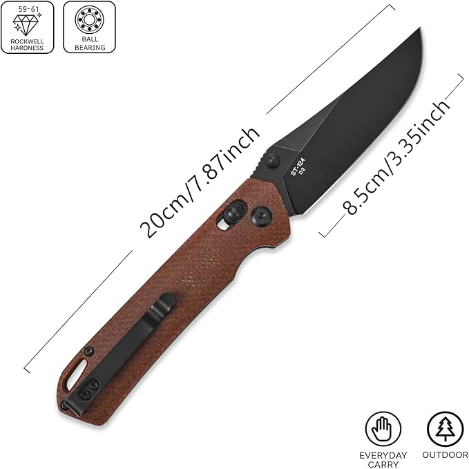 Sitivien ST124 Folding Pocket Knife D2 Steel+Micarta HandleBall Bearing Pivot Axis lock with Pocket Clip for CampingOutdoor EDC Knife Tool-Brown