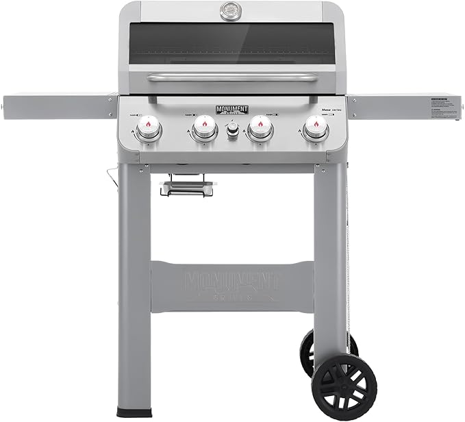 Monument Grills 4-Burner Liquid Propane Gas Grill Silver Stainless Steel Grill Outdoor Patio Garden Barbecue Grill with Clearview® Lid and One Foldable Shelf Mesa400MF
