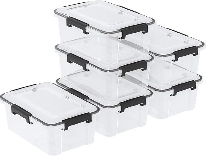 12 Quart Plastic Gasket Box with Tight Latch and Seal Storage Bins with Snap Lid Clear Latching Storage Box 6 Packs