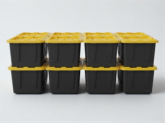 Heavy-Duty Storage Tote with Lid Black and Yellow 27 Gallon 30.6 W x 20.6 D x 14.3 H (8 PACK)