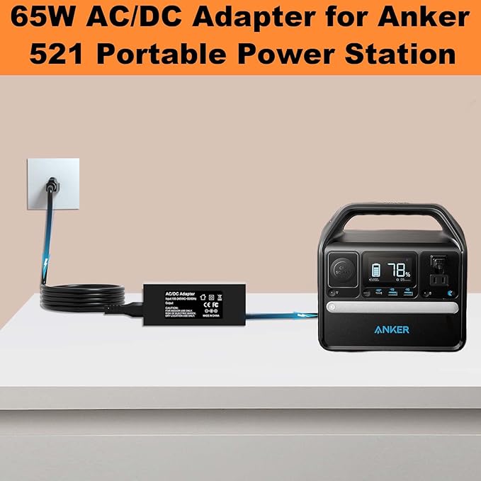 65W Power Adapter with 65W Car Charger for Anker Portable Power Station A1720 Anker 521/523/533 A1730/A1731 Powerhouse II 300 (256Wh/288Wh/389Wh) and 300W/200W Solar Power Station