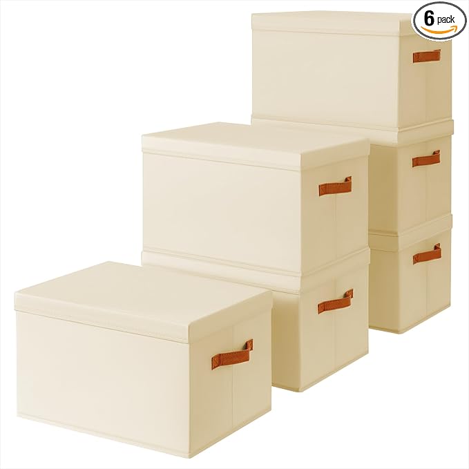 Homsorout Storage Bins with Lids - Large Fabric Closet Bins with Lid 6 Pack Clothes Organizers and Storage Collapsible Stackable Cube Basket for Home Office Dorm Beige