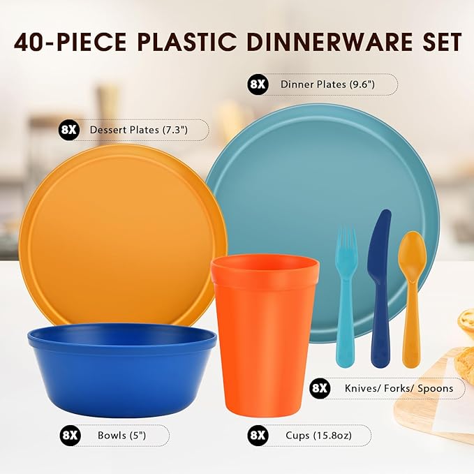 40 Piece Plastic Dinnerware Set for 8 with Cutlery Unbreakable Plates and Bowls Set Dishwasher &amp Microwave Safe Reusable Dish Set for Camping RV Outdoor Kitchen Apartment DiningTropic Multic
