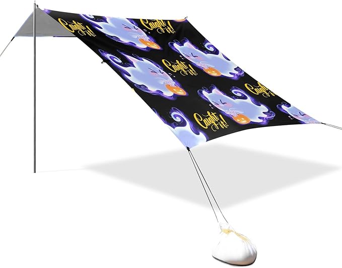ALAZA Ghost Cat Mouse Pumpkin Pattern Beach Tent Sun Shelter UPF50+ Protection Beach Shade Canopy w/ 4 Sandbags for Outdoor Camping Fishing Backyard Fun Picnic 10x9 ft
