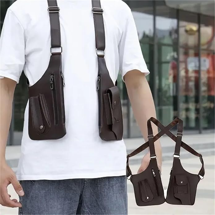 Double Shoulder Armpit Bag for Men 2 PCS Tactical Vest Bag PU Leather Man Chest Phone Pouch Vintage
