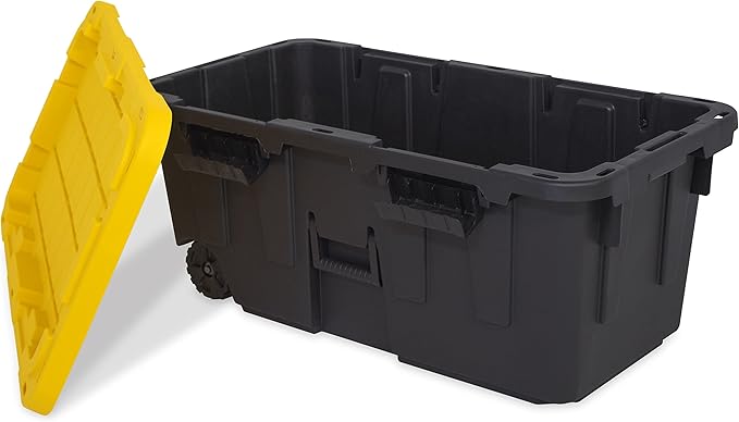 CX BLACK &amp YELLOW 20-Gallon Heavy Duty Tough Storage Footlocker &amp Snap-Tight Lid (13.4H x 18.2W x 32.3D) Weather-Resistant Design and Stackable Organization Tote [2 Pack]