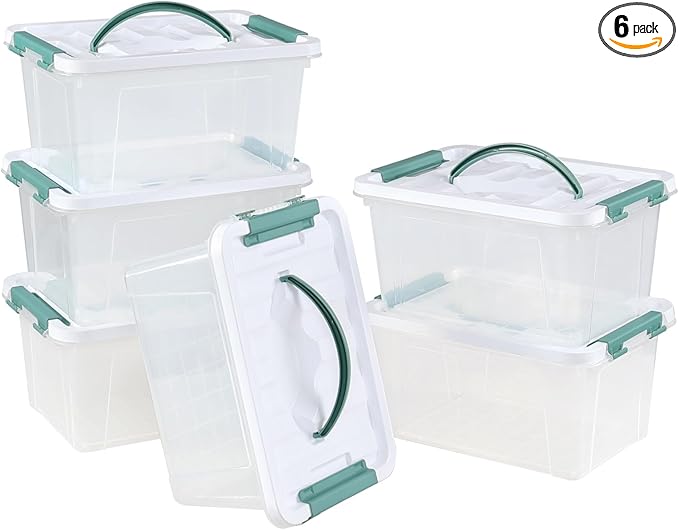 Rosebloom 6 Quart Plastic Latching Bins with Lid Small Clear Storage Organizer Boxes with Handle 6 Packs
