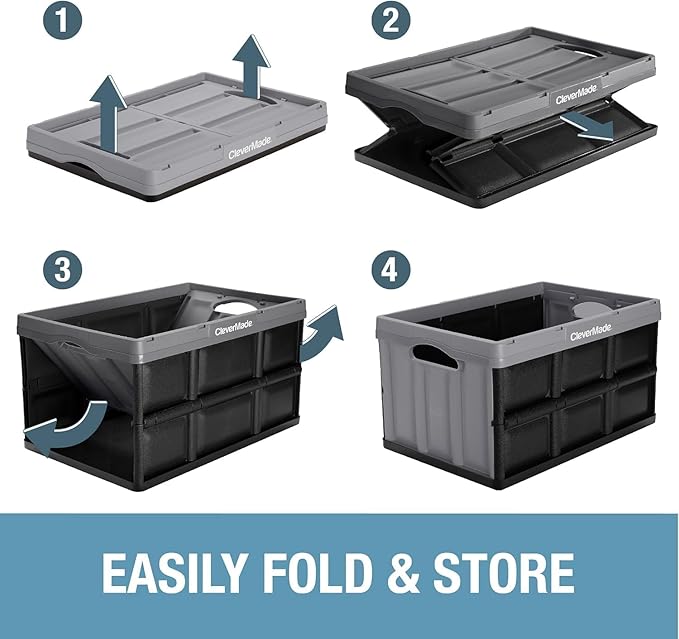 CleverMade Collapsible Storage Bins 62L (3-Pack) – Heavy Duty Collapsible Plastic Storage Bins Large Stackable Folding Storage Bins for Garage Car Grocery &amp Home Organization - Ocean