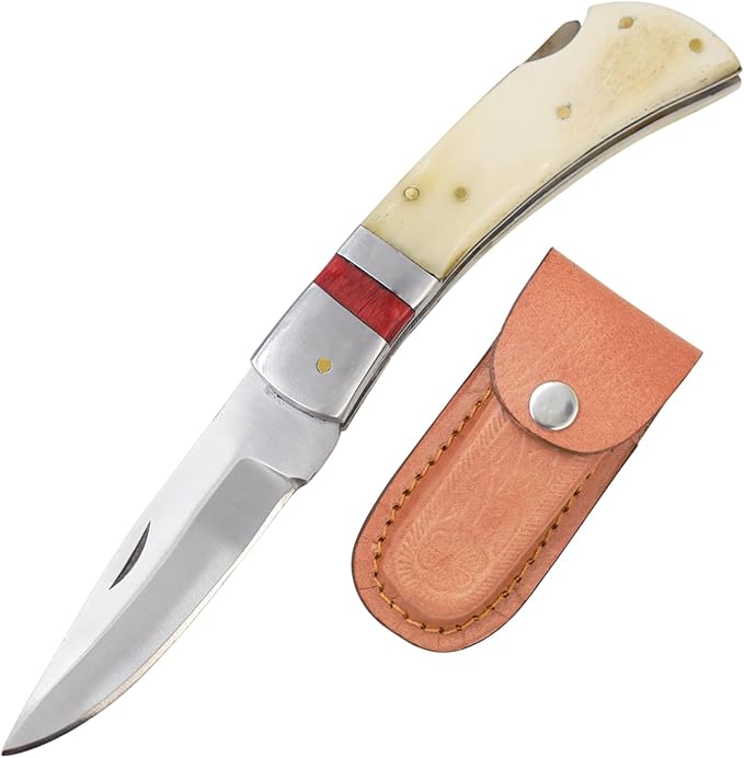 7 Handmade Folding Pocket Knife – 3 440 Stainless Steel Clip Point Blade – Silver Bolster – Genuine Leather Sheath Included (Bone &amp Wood)