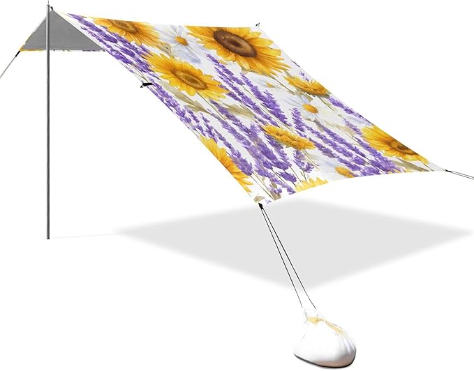ALAZA Sunflower Lavender Flowers Beach Tent Sun Shelter UPF50+ Protection Beach Shade Canopy w/ 4 Sandbags for Outdoor Camping Fishing Backyard Fun Picnic 10x9 ft