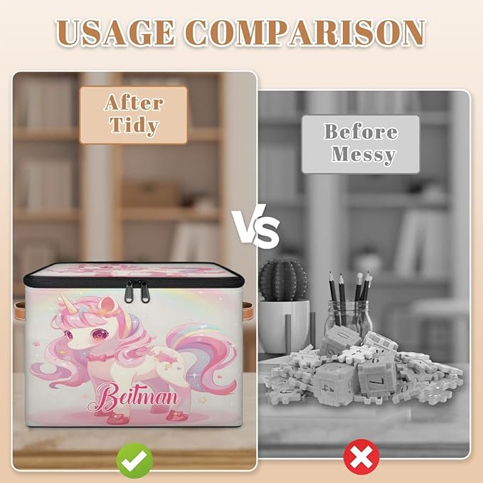 Storage-Bins with Lids Handle Customized Stackable-Storage-Bin for Kids-Boys-Girls-Toys Cube Collapsibl Basket Unicorn Stars