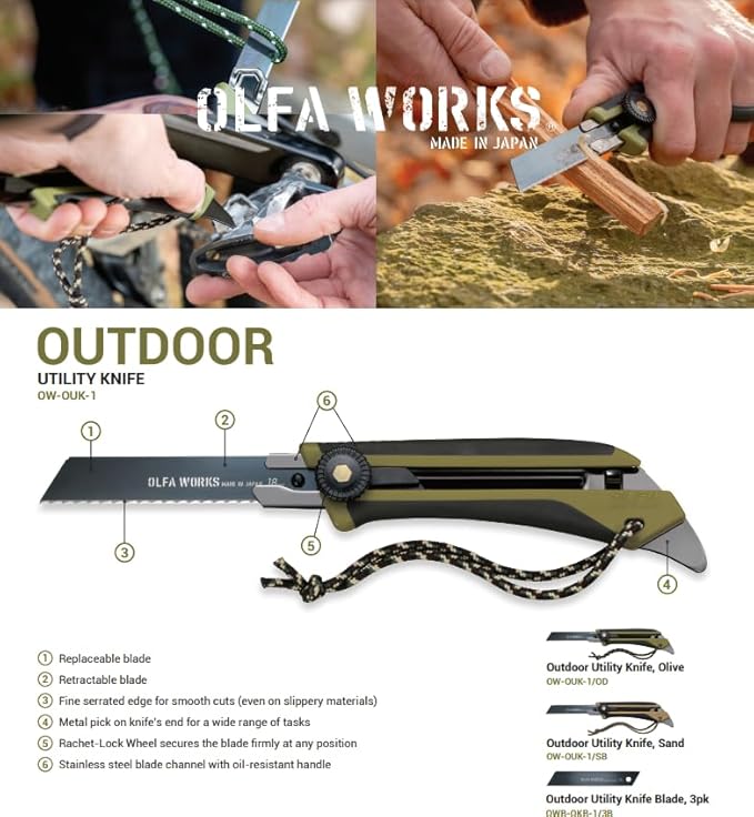 OLFA WORKS OW-OUK-1/SB Outdoor Knife Fine Serrated Edge Blade for Confident Cutting - Multi Purpose Outdoor Knife Designed to Handle Slippery Materials like Rope Plastic and Canvas - Ratchet-wheel